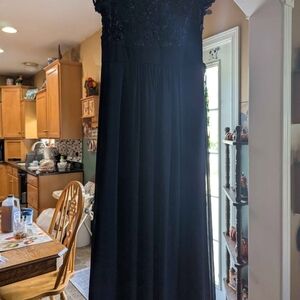 Oleg Cassini Navy Mother of the Bride Dress Long Cap Sleeve Formal Gown Sz 14